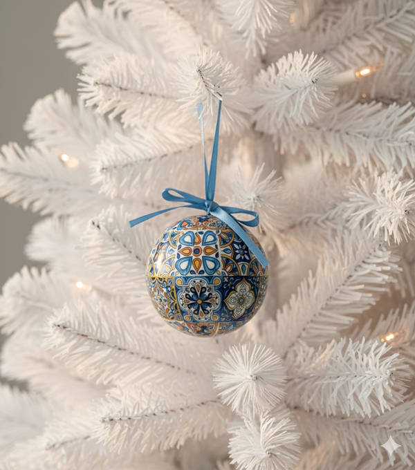 Christmas Tree Ball with Portuguese Tile Pattern, Portuguese Sardines, Barcelos Rooster and Portuguese Guitar