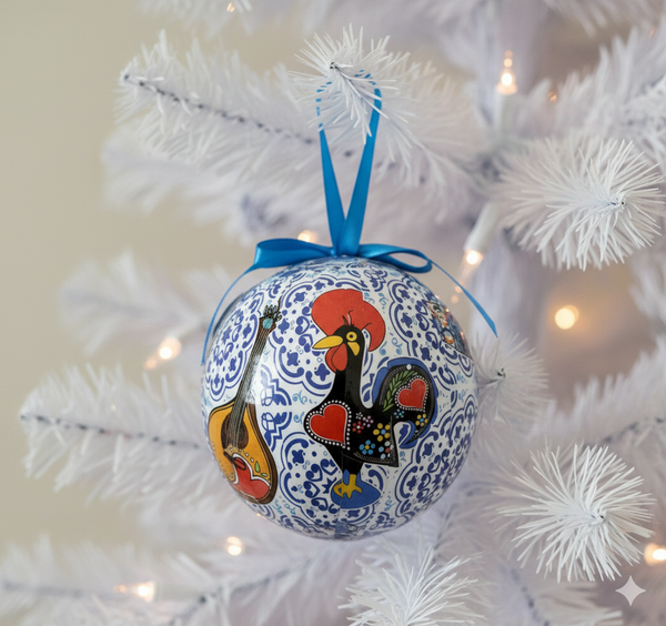 Christmas Tree Ball with Portuguese Tile Pattern, Portuguese Sardines, Barcelos Rooster and Portuguese Guitar