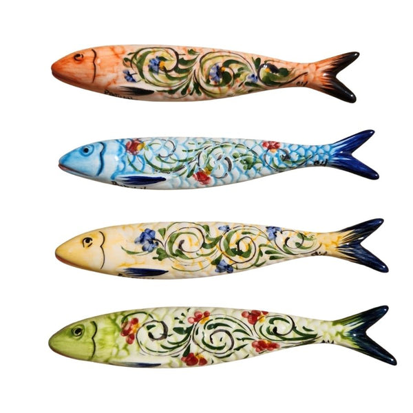 Set of 4 Portuguese Ceramic Sardines Hand-Painted with Portuguese Tile Design - Handcrafted Wall Decor from Portugal