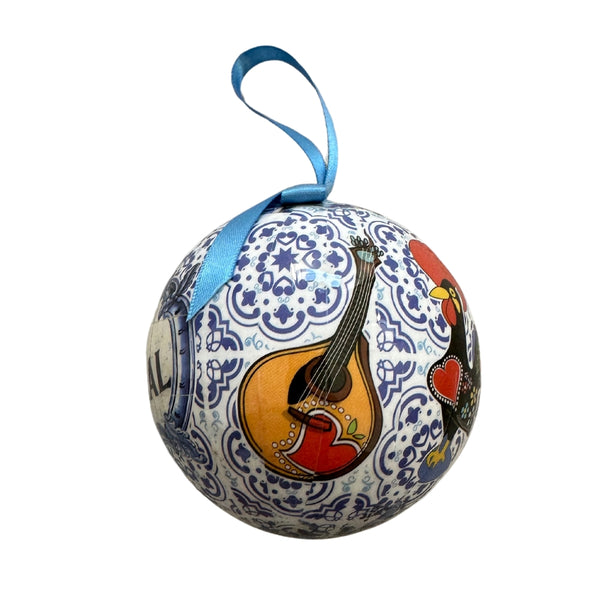 Christmas Tree Ball with Portuguese Tile Pattern, Portuguese Sardines, Barcelos Rooster and Portuguese Guitar