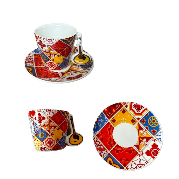 Portuguese Tile Coffee Cup Set - 2 Ceramic Cups & Saucers with Iconic Handles - Guitar, Sardine, Viana Heart