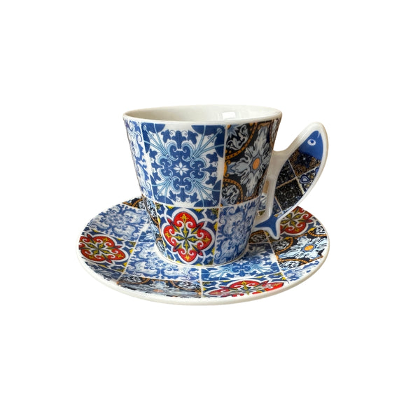 Portuguese Tile Coffee Cup Set - 2 Ceramic Cups & Saucers with Iconic Handles - Guitar, Sardine, Viana Heart