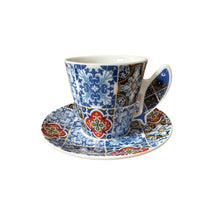 Portuguese Tile Coffee Cup Set - 2 Ceramic Cups & Saucers with Iconic Handles - Guitar, Sardine, Viana Heart