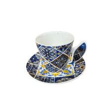 Portuguese Tile Coffee Cup Set - 2 Ceramic Cups & Saucers with Iconic Handles - Guitar, Sardine, Viana Heart