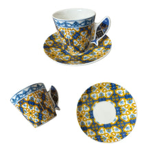Portuguese Tile Coffee Cup Set - 2 Ceramic Cups & Saucers with Iconic Handles - Guitar, Sardine, Viana Heart